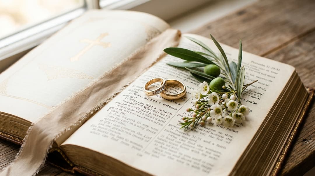 Sacred Bible, gold wedding rings, and olive branch