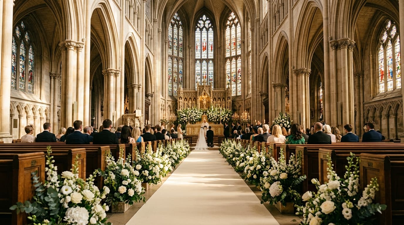 The Epiphany Church sanctuary with glowing morning light for Arpan Kamal and Arpita Simon Wedding